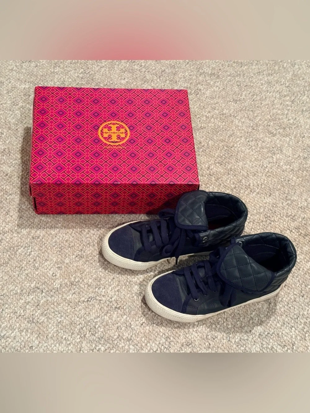 Tory Burch Quilted Navy High-Top Leather Sneakers